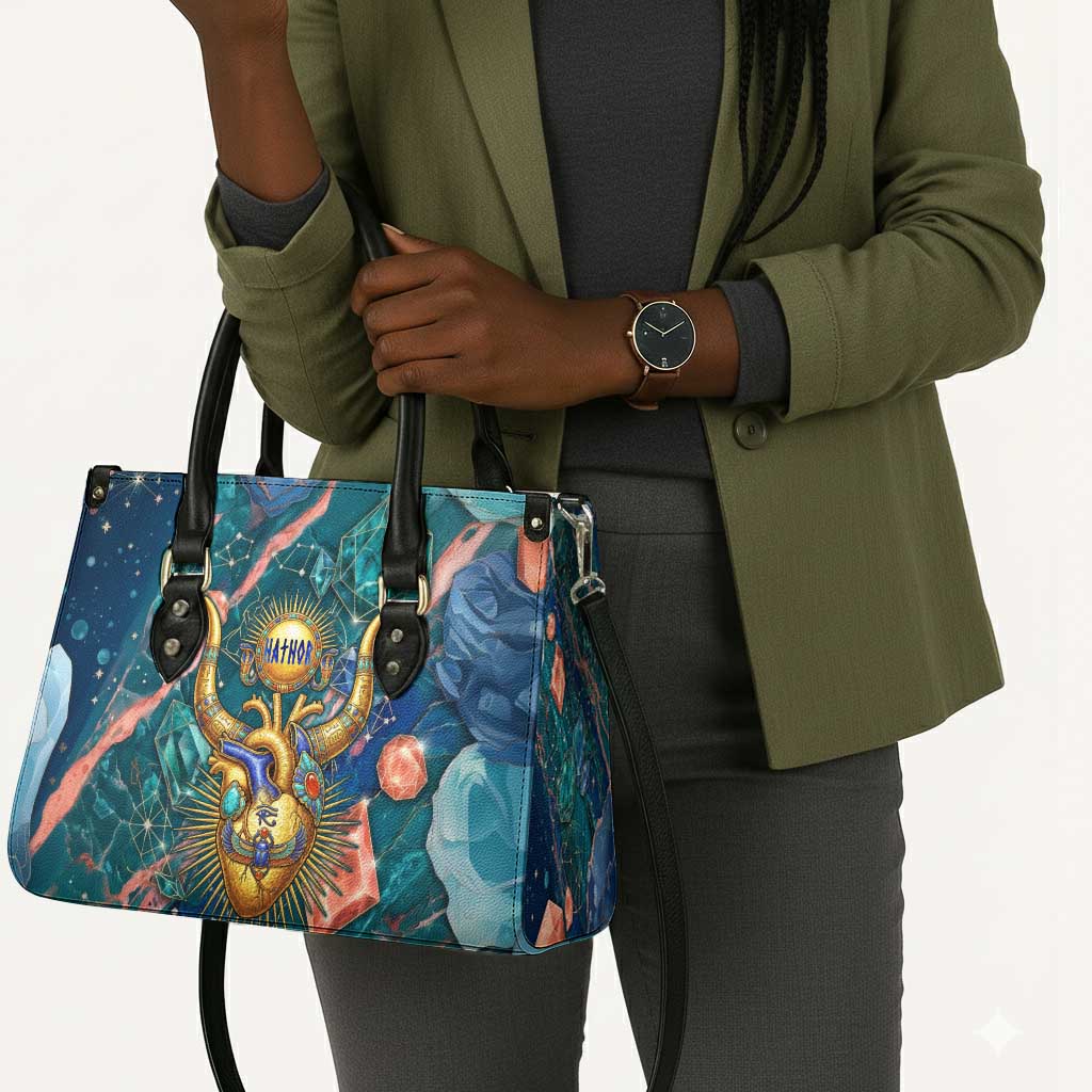 Hathor Golden Sacred Heart Egyptian Leather Bag with Gemstone Pattern in Turquoise Theme