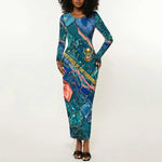 Hathor Golden Sacred Heart Egyptian Long Sleeve Bodycon Dress with Gemstone Pattern in Turquoise Theme