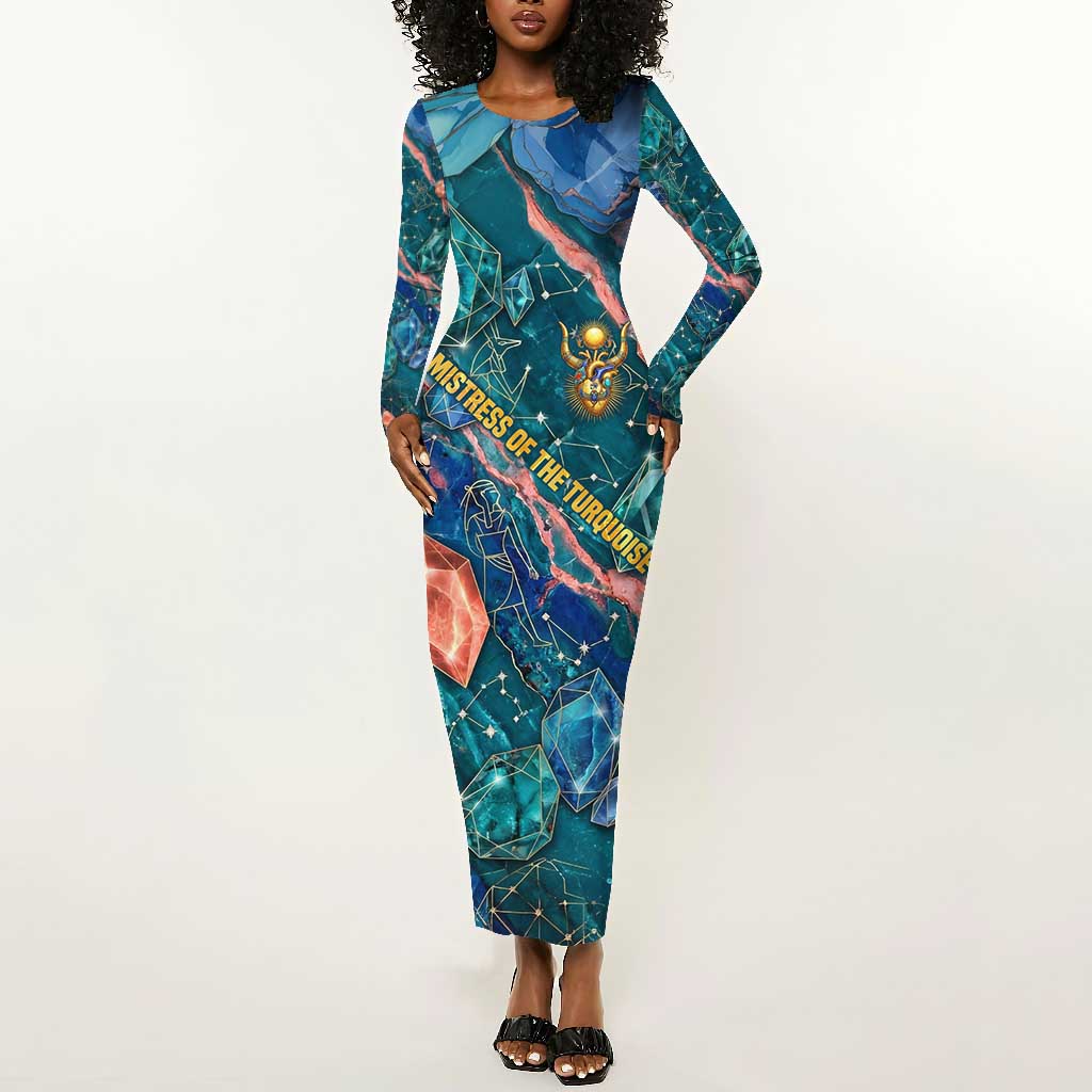 Hathor Golden Sacred Heart Egyptian Long Sleeve Bodycon Dress with Gemstone Pattern in Turquoise Theme
