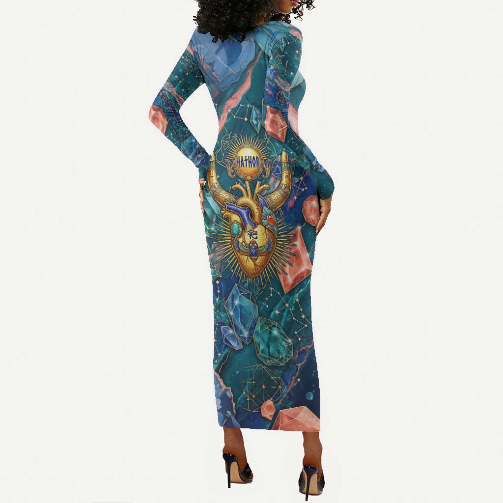 Hathor Golden Sacred Heart Egyptian Long Sleeve Bodycon Dress with Gemstone Pattern in Turquoise Theme