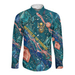 Hathor Golden Sacred Heart Egyptian Long Sleeve Button Shirt with Gemstone Pattern in Turquoise Theme