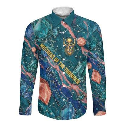Hathor Golden Sacred Heart Egyptian Long Sleeve Button Shirt with Gemstone Pattern in Turquoise Theme