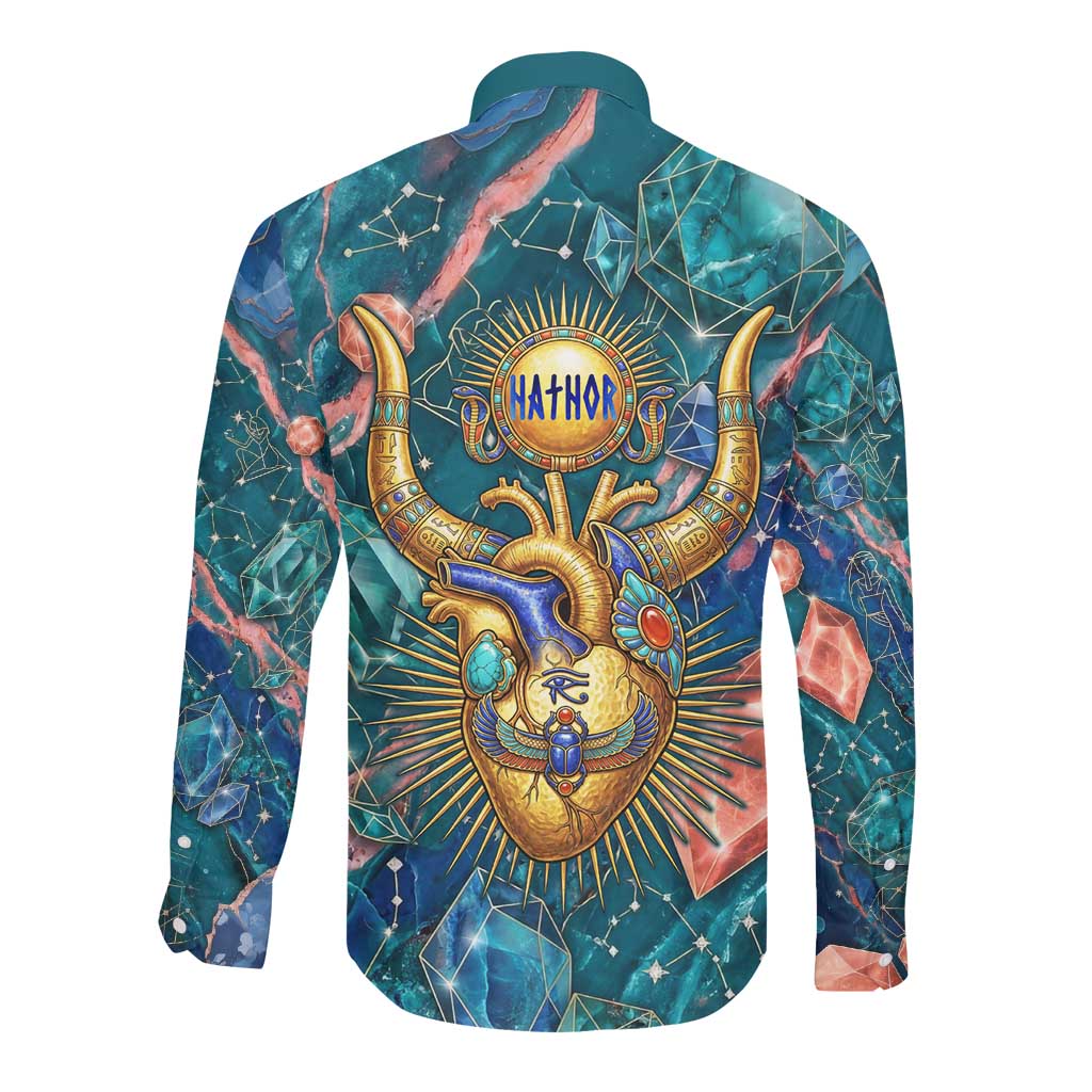 Hathor Golden Sacred Heart Egyptian Long Sleeve Button Shirt with Gemstone Pattern in Turquoise Theme