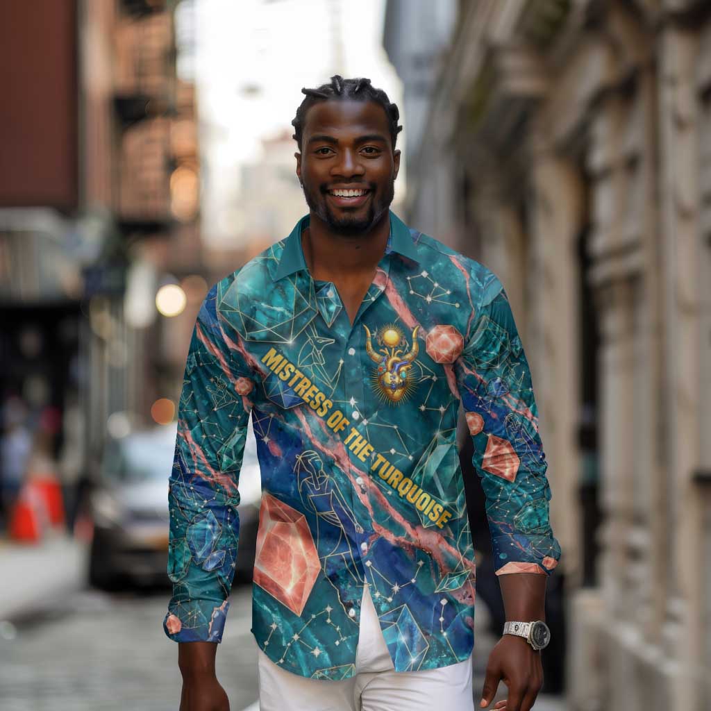 Hathor Golden Sacred Heart Egyptian Long Sleeve Button Shirt with Gemstone Pattern in Turquoise Theme