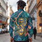 Hathor Golden Sacred Heart Egyptian Long Sleeve Button Shirt with Gemstone Pattern in Turquoise Theme