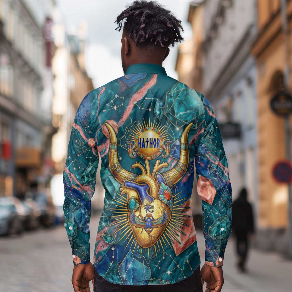 Hathor Golden Sacred Heart Egyptian Long Sleeve Button Shirt with Gemstone Pattern in Turquoise Theme