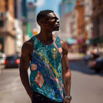Hathor Golden Sacred Heart Egyptian Men Tank Top with Gemstone Pattern in Turquoise Theme