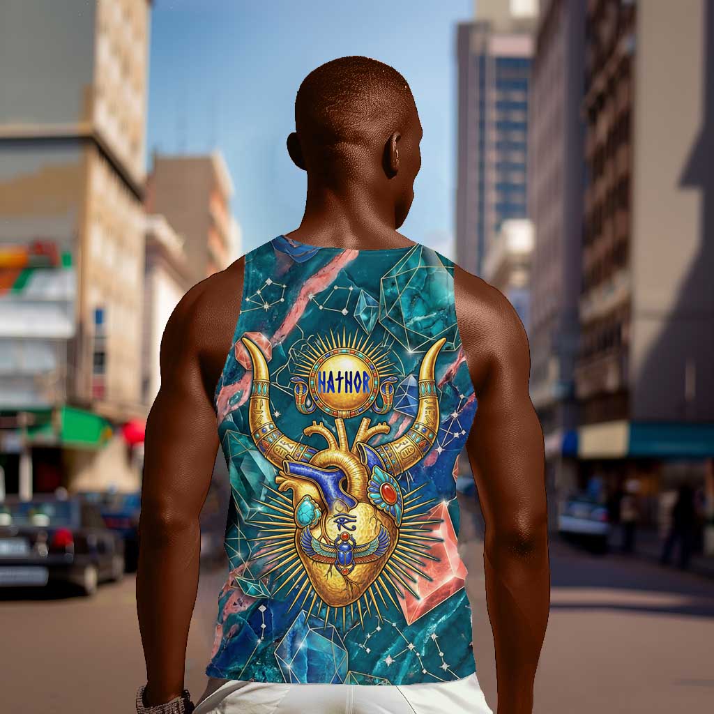 Hathor Golden Sacred Heart Egyptian Men Tank Top with Gemstone Pattern in Turquoise Theme