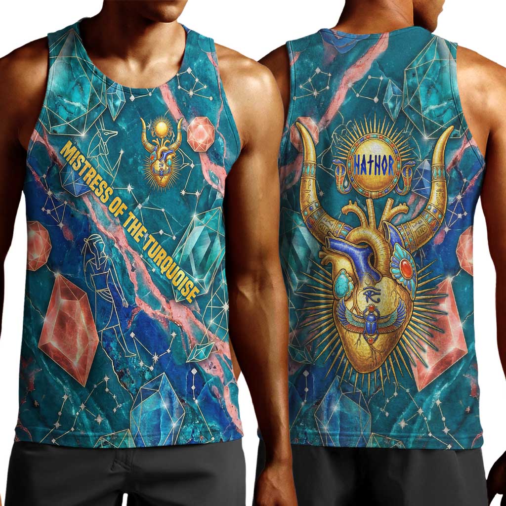 Hathor Golden Sacred Heart Egyptian Men Tank Top with Gemstone Pattern in Turquoise Theme