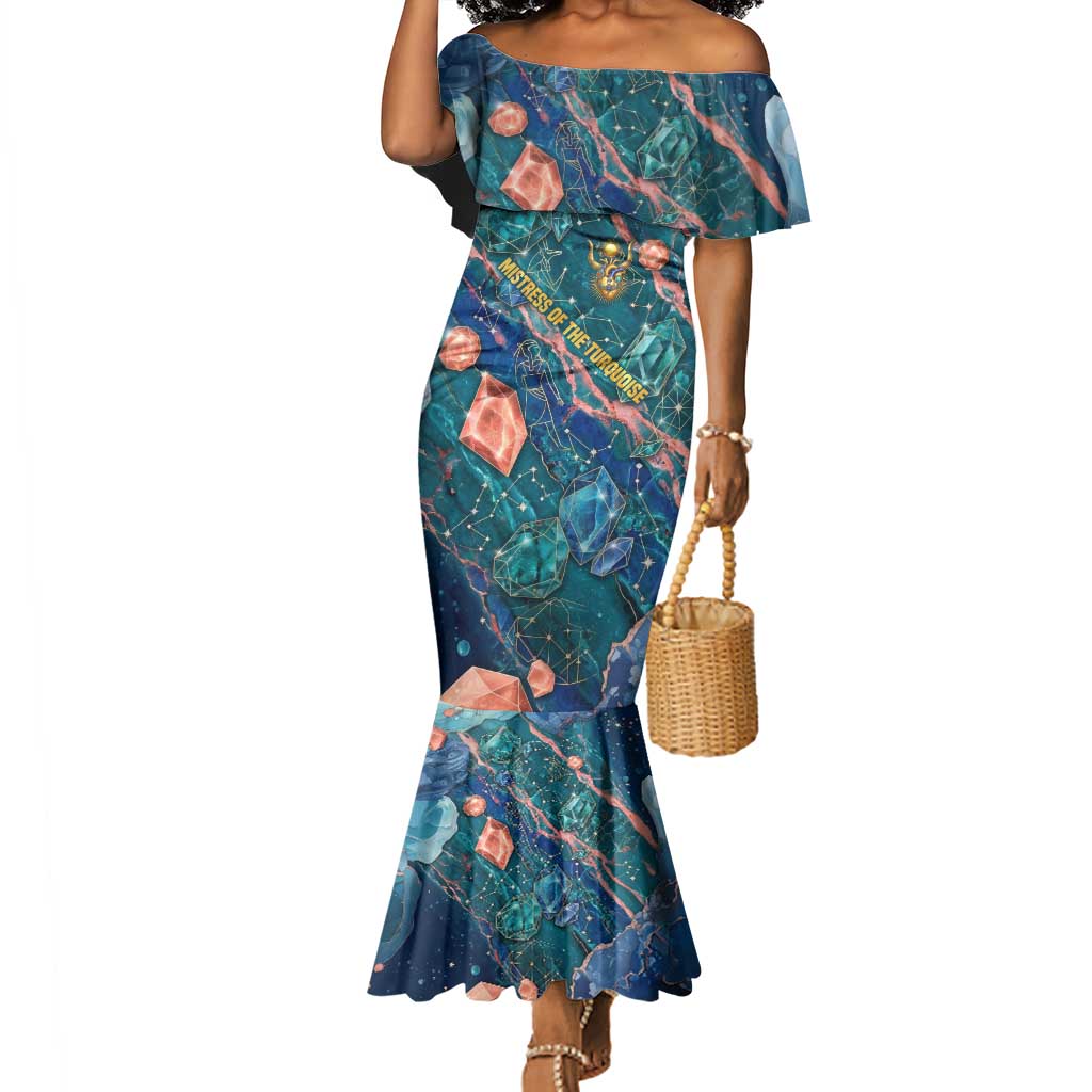 Hathor Golden Sacred Heart Egyptian Mermaid Dress with Gemstone Pattern in Turquoise Theme
