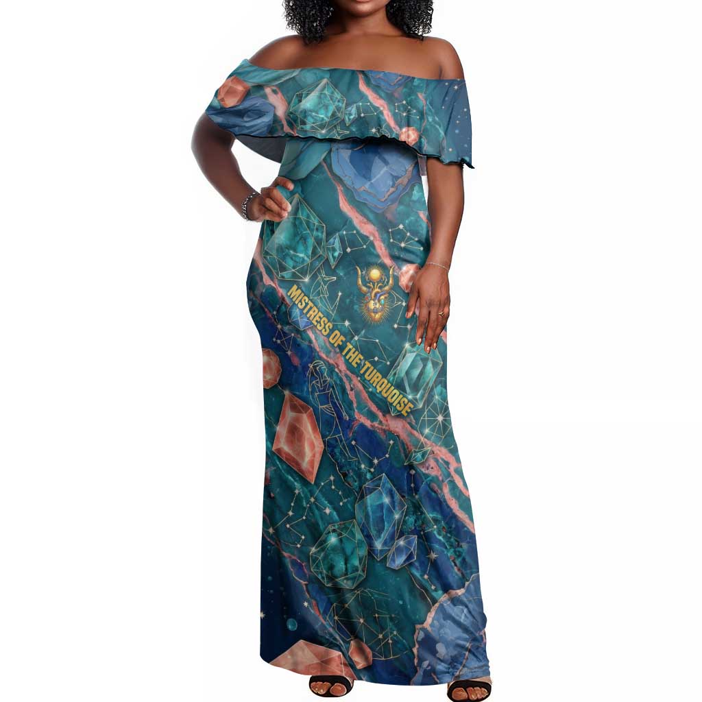 Hathor Golden Sacred Heart Egyptian Off Shoulder Maxi Dress with Gemstone Pattern in Turquoise Theme