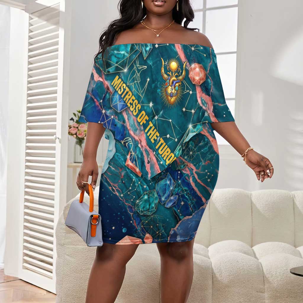 Hathor Golden Sacred Heart Egyptian Off Shoulder Short Dress with Gemstone Pattern in Turquoise Theme