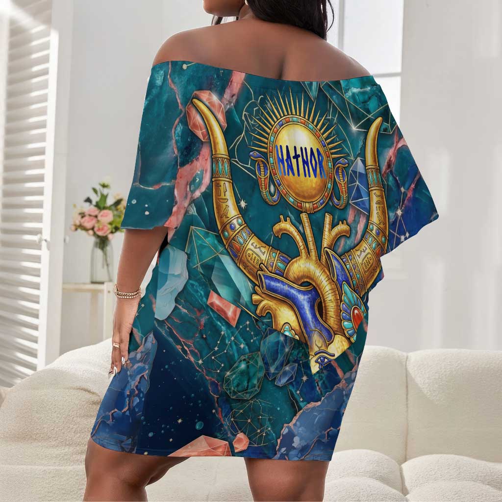 Hathor Golden Sacred Heart Egyptian Off Shoulder Short Dress with Gemstone Pattern in Turquoise Theme