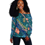 Hathor Golden Sacred Heart Egyptian Off Shoulder Sweater with Gemstone Pattern in Turquoise Theme