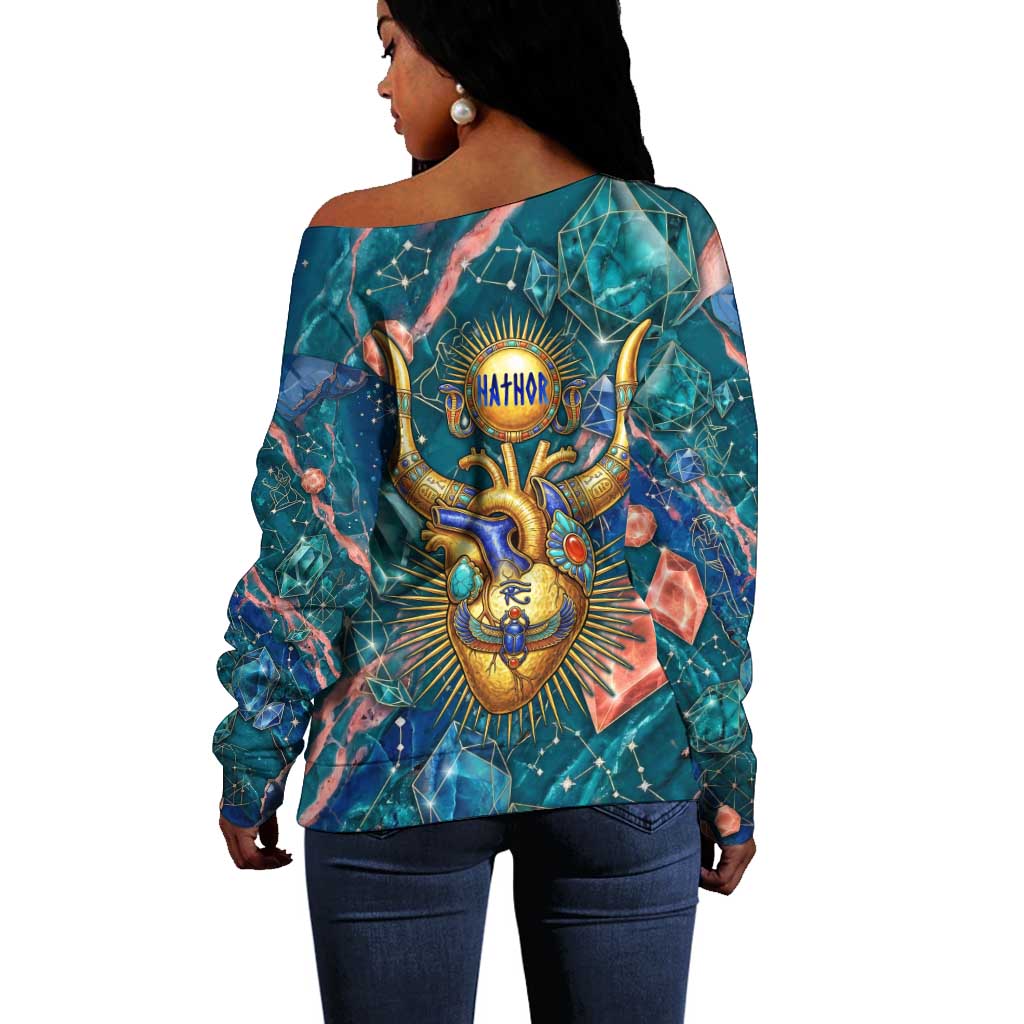 Hathor Golden Sacred Heart Egyptian Off Shoulder Sweater with Gemstone Pattern in Turquoise Theme