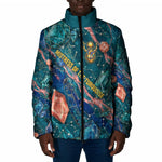 Hathor Golden Sacred Heart Egyptian Padded Jacket with Gemstone Pattern in Turquoise Theme