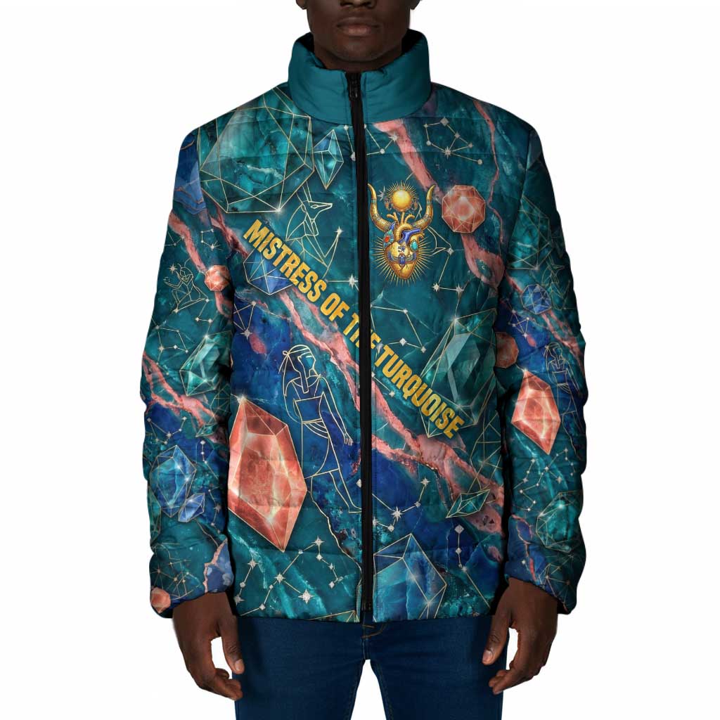 Hathor Golden Sacred Heart Egyptian Padded Jacket with Gemstone Pattern in Turquoise Theme