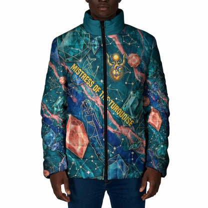 Hathor Golden Sacred Heart Egyptian Padded Jacket with Gemstone Pattern in Turquoise Theme
