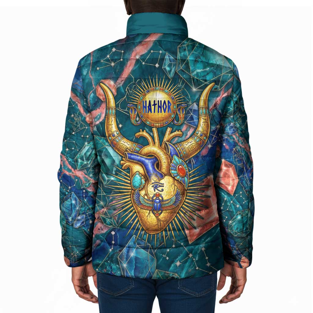 Hathor Golden Sacred Heart Egyptian Padded Jacket with Gemstone Pattern in Turquoise Theme