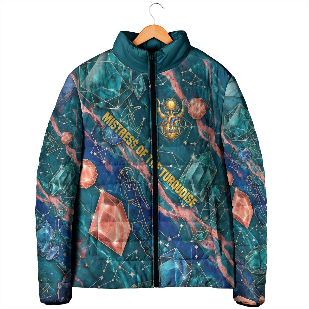 Hathor Golden Sacred Heart Egyptian Padded Jacket with Gemstone Pattern in Turquoise Theme