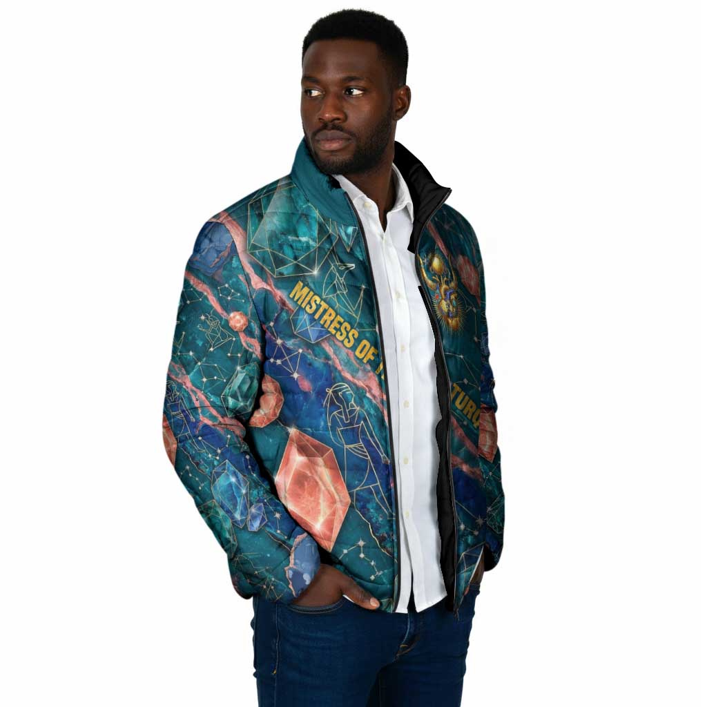 Hathor Golden Sacred Heart Egyptian Padded Jacket with Gemstone Pattern in Turquoise Theme