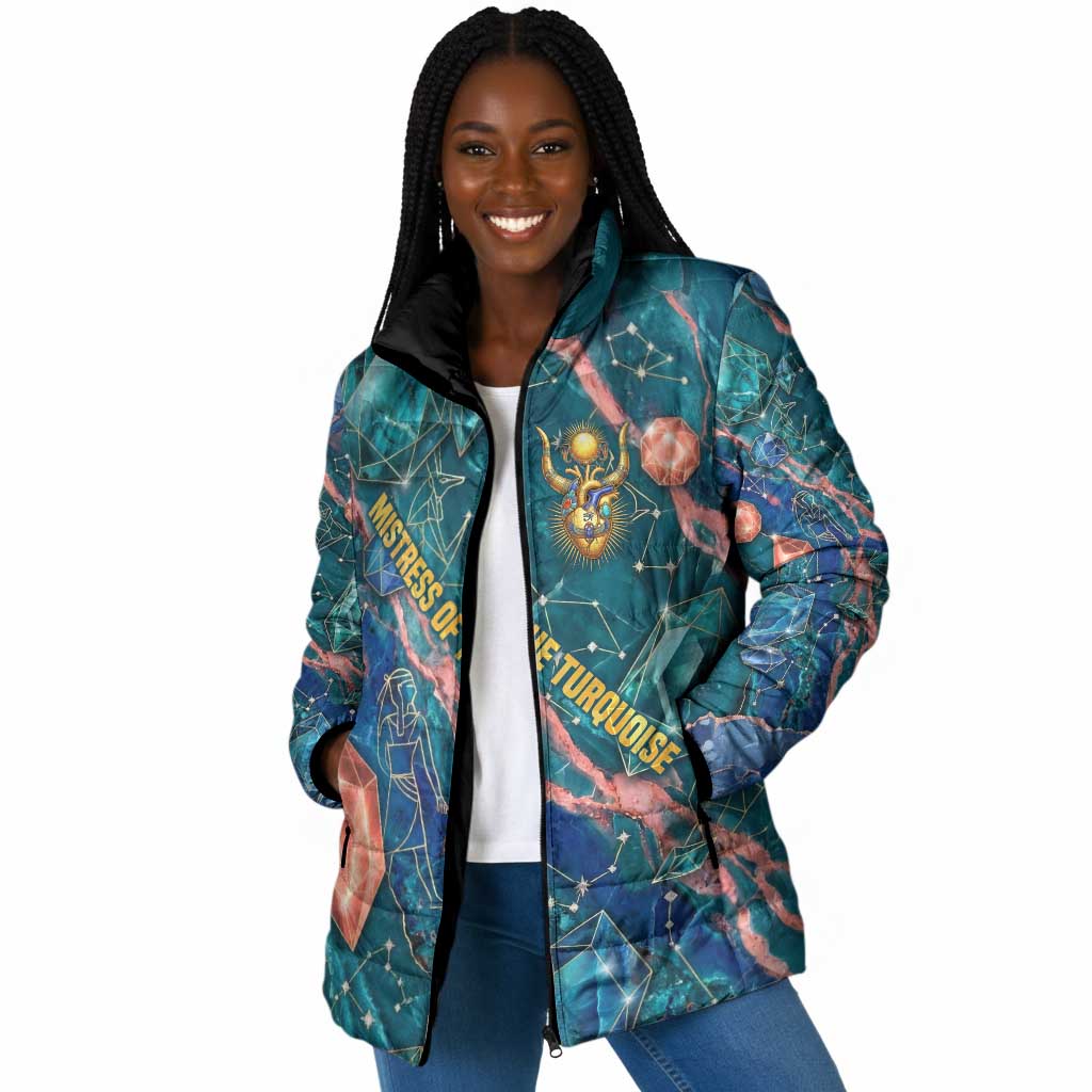 Hathor Golden Sacred Heart Egyptian Padded Jacket with Gemstone Pattern in Turquoise Theme