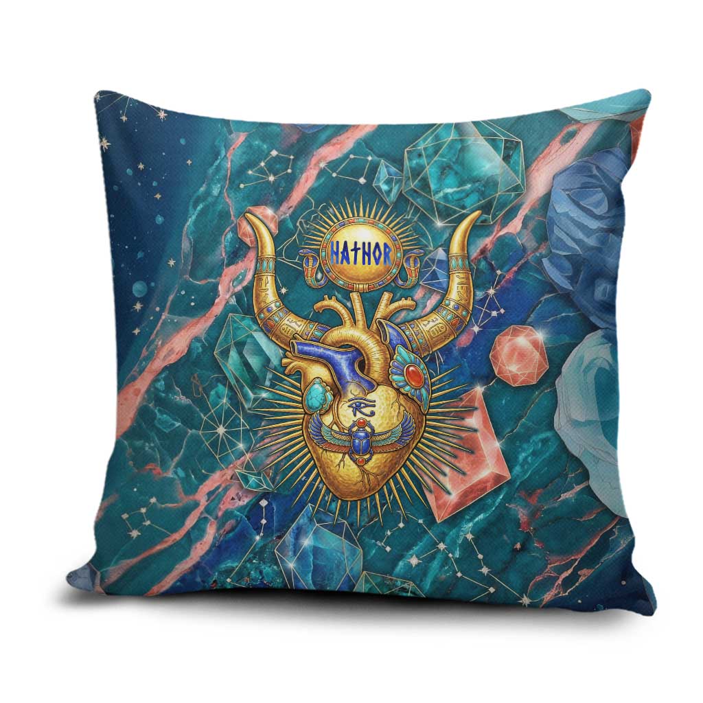 Hathor Golden Sacred Heart Egyptian Pillow Cover with Gemstone Pattern in Turquoise Theme
