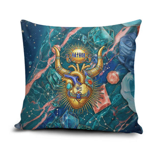 Hathor Golden Sacred Heart Egyptian Pillow Cover with Gemstone Pattern in Turquoise Theme