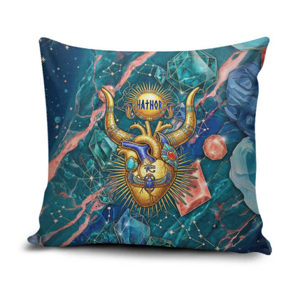Hathor Golden Sacred Heart Egyptian Pillow Cover with Gemstone Pattern in Turquoise Theme