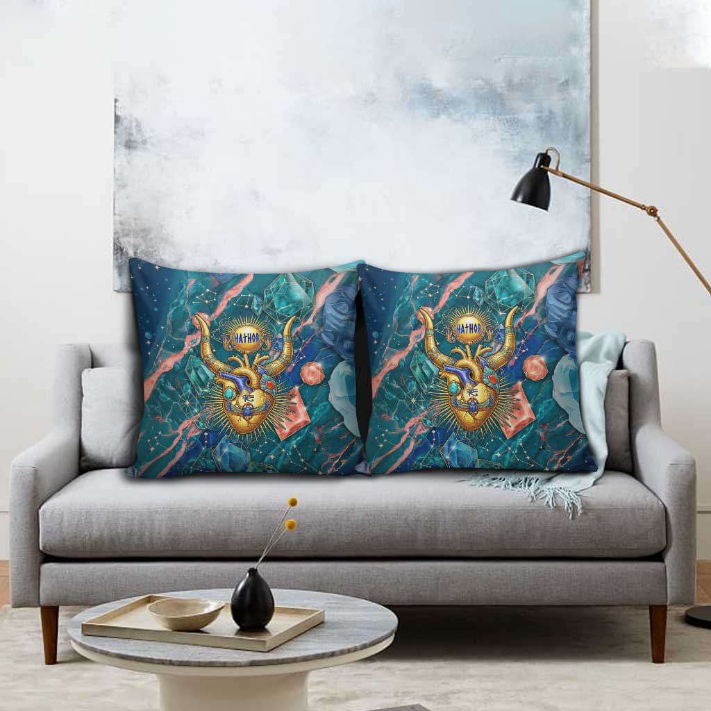 Hathor Golden Sacred Heart Egyptian Pillow Cover with Gemstone Pattern in Turquoise Theme