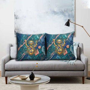 Hathor Golden Sacred Heart Egyptian Pillow Cover with Gemstone Pattern in Turquoise Theme