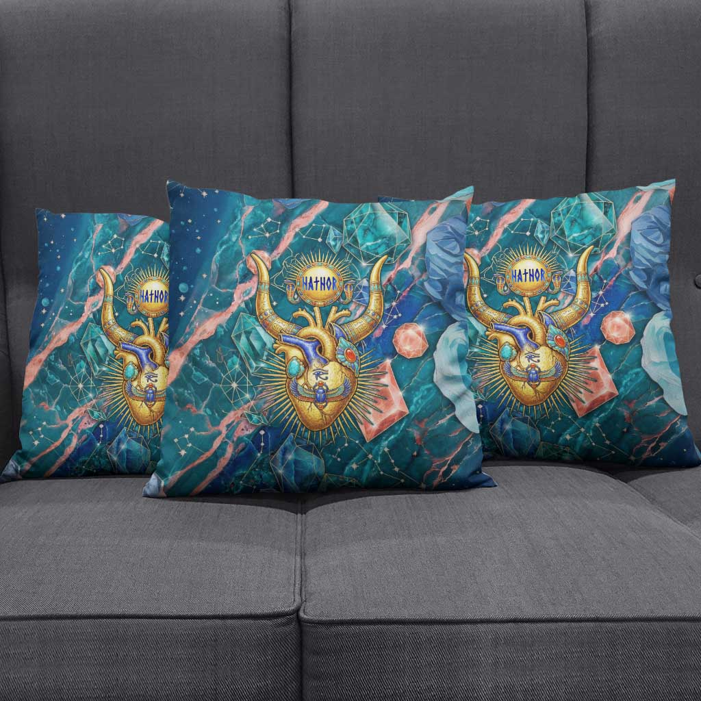 Hathor Golden Sacred Heart Egyptian Pillow Cover with Gemstone Pattern in Turquoise Theme