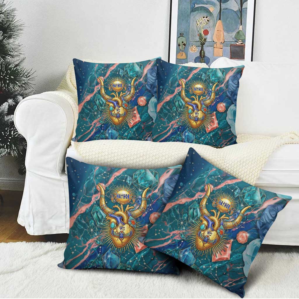 Hathor Golden Sacred Heart Egyptian Pillow Cover with Gemstone Pattern in Turquoise Theme