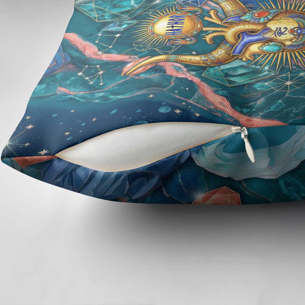 Hathor Golden Sacred Heart Egyptian Pillow Cover with Gemstone Pattern in Turquoise Theme
