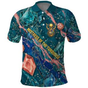 Hathor Golden Sacred Heart Egyptian Polo Shirt with Gemstone Pattern in Turquoise Theme
