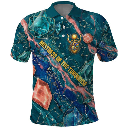 Hathor Golden Sacred Heart Egyptian Polo Shirt with Gemstone Pattern in Turquoise Theme