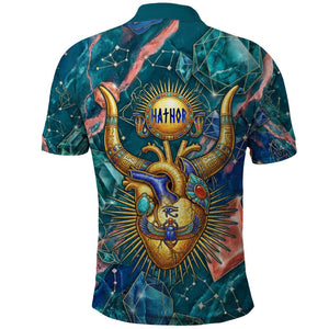 Hathor Golden Sacred Heart Egyptian Polo Shirt with Gemstone Pattern in Turquoise Theme