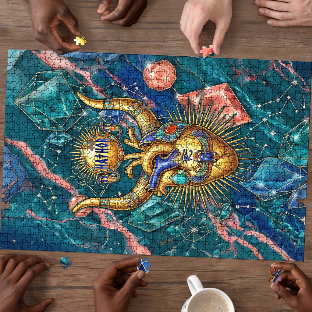 Hathor Golden Sacred Heart Egyptian Puzzle with Gemstone Pattern in Turquoise Theme