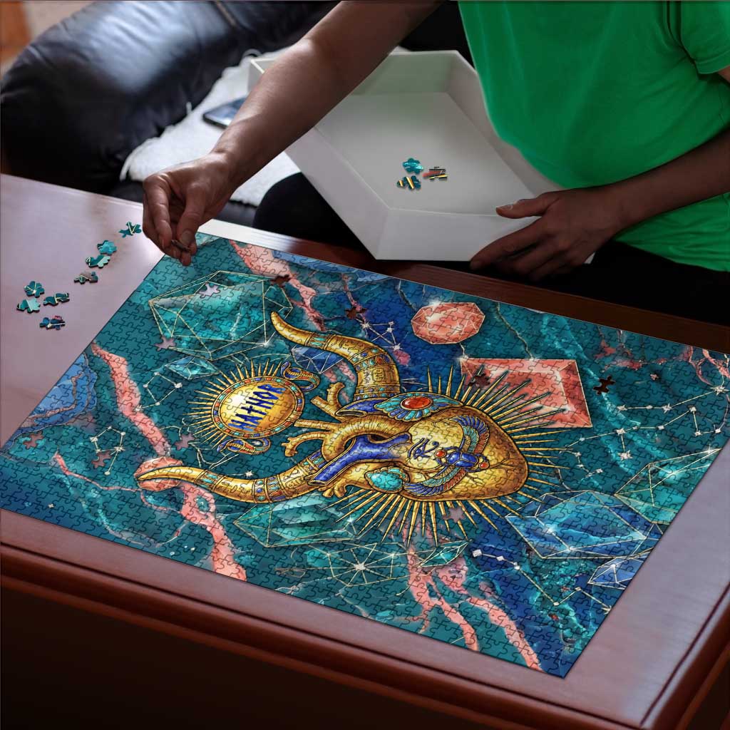 Hathor Golden Sacred Heart Egyptian Puzzle with Gemstone Pattern in Turquoise Theme