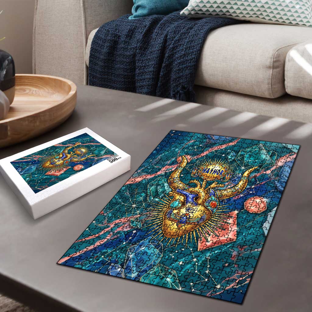Hathor Golden Sacred Heart Egyptian Puzzle with Gemstone Pattern in Turquoise Theme