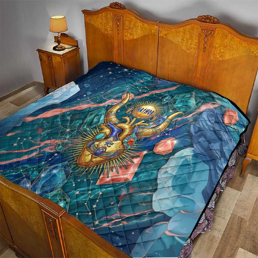 Hathor Golden Sacred Heart Egyptian Quilt with Gemstone Pattern in Turquoise Theme