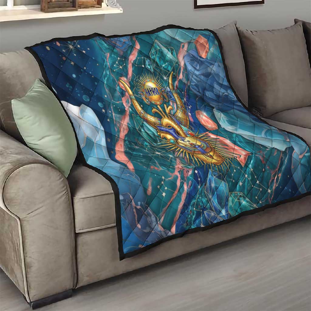Hathor Golden Sacred Heart Egyptian Quilt with Gemstone Pattern in Turquoise Theme