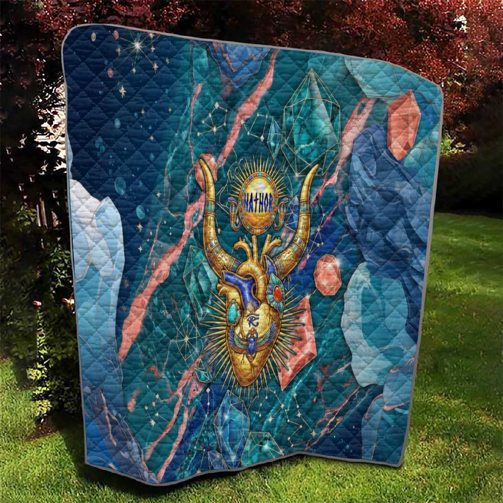 Hathor Golden Sacred Heart Egyptian Quilt with Gemstone Pattern in Turquoise Theme