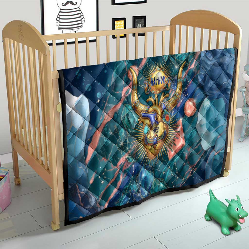 Hathor Golden Sacred Heart Egyptian Quilt with Gemstone Pattern in Turquoise Theme