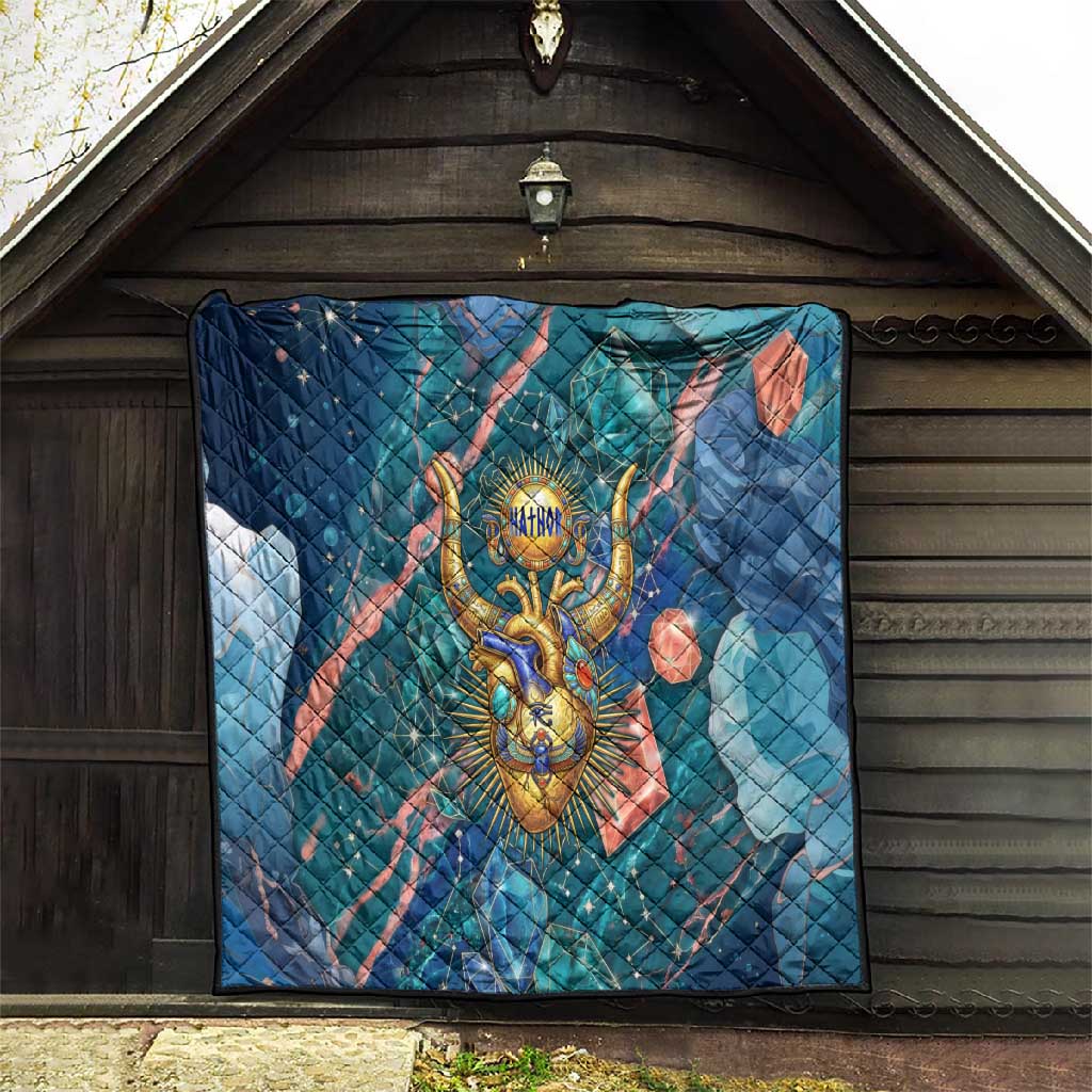 Hathor Golden Sacred Heart Egyptian Quilt with Gemstone Pattern in Turquoise Theme