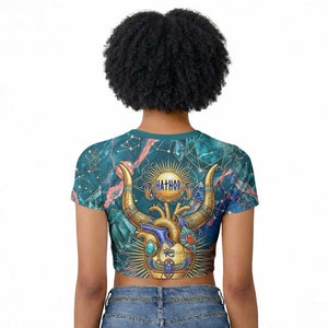 Hathor Golden Sacred Heart Egyptian Raglan Cropped T shirt with Gemstone Pattern in Turquoise Theme