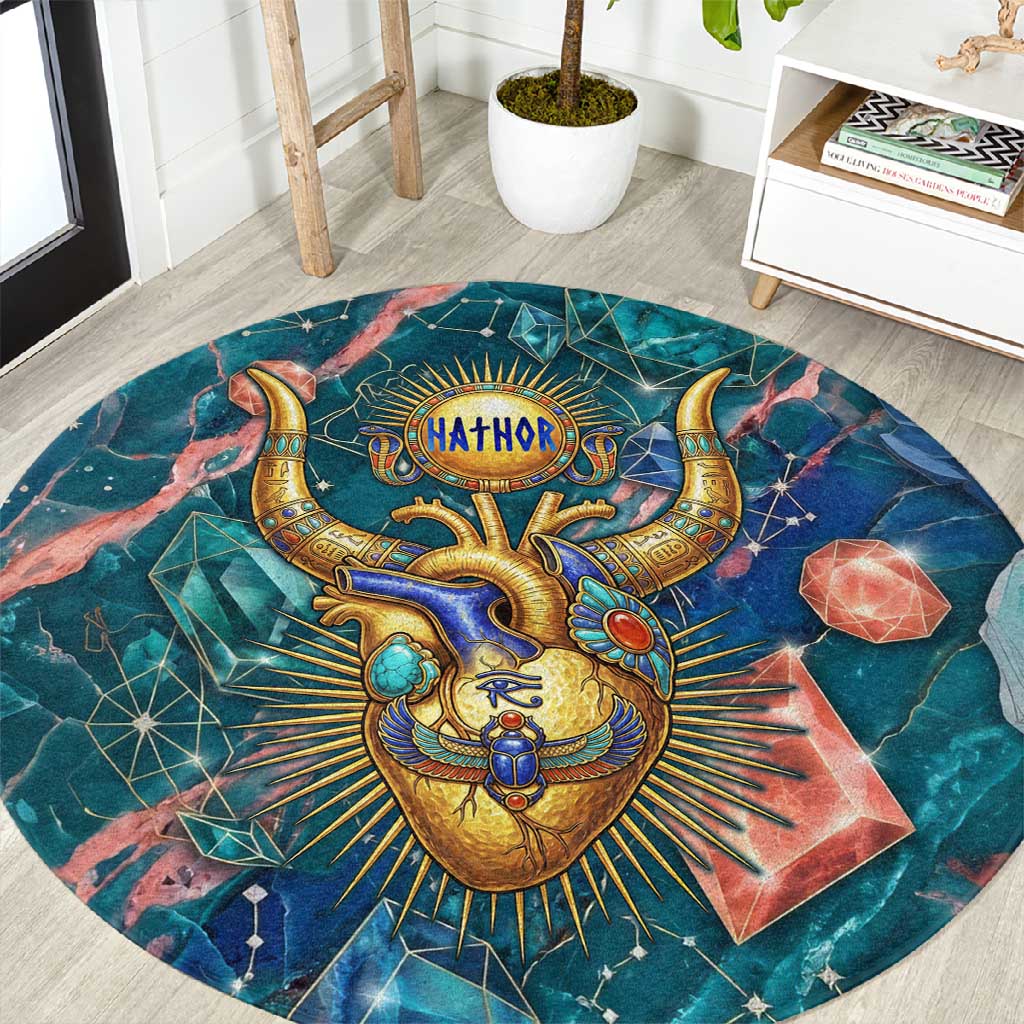 Hathor Golden Sacred Heart Egyptian Round Carpet with Gemstone Pattern in Turquoise Theme