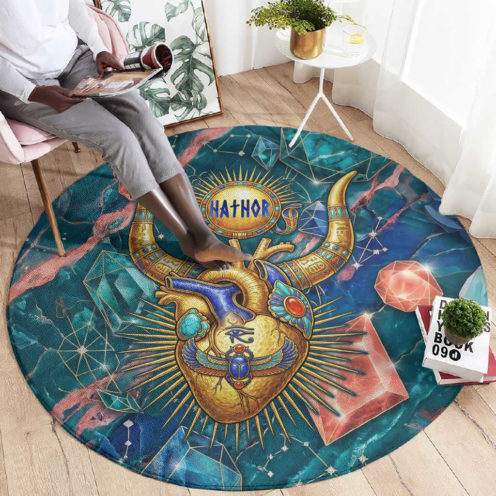 Hathor Golden Sacred Heart Egyptian Round Carpet with Gemstone Pattern in Turquoise Theme