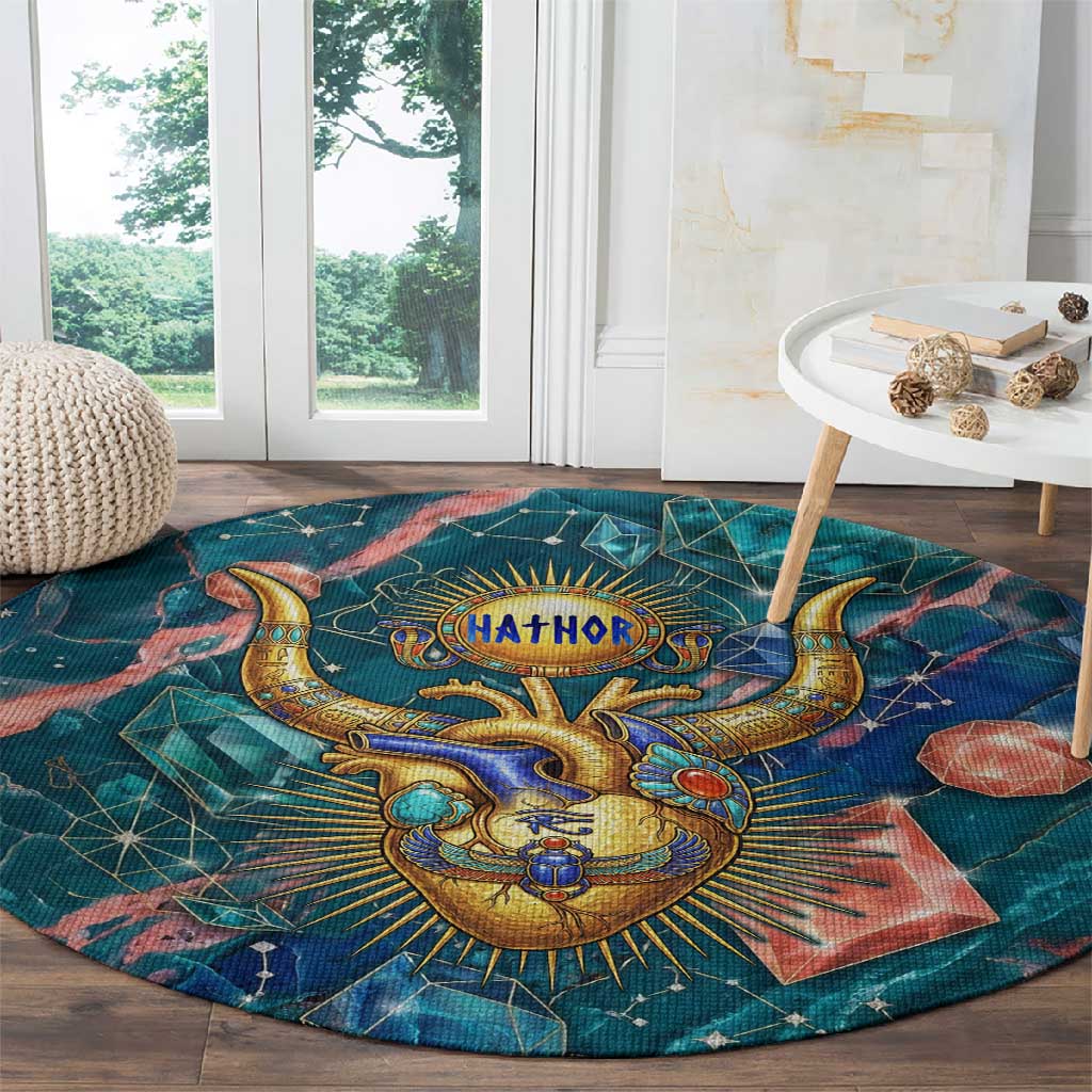 Hathor Golden Sacred Heart Egyptian Round Carpet with Gemstone Pattern in Turquoise Theme