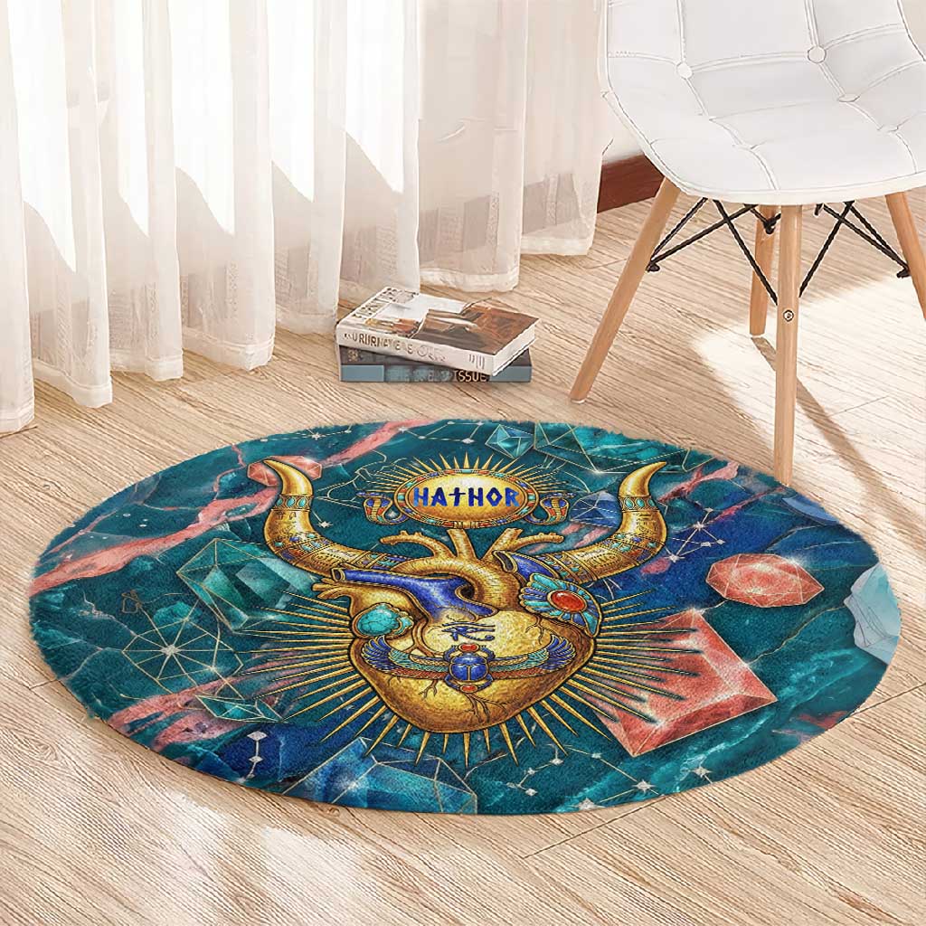 Hathor Golden Sacred Heart Egyptian Round Carpet with Gemstone Pattern in Turquoise Theme